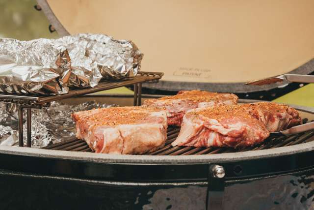 Meat on the Primo Oval XL with dual zone temperatures set up