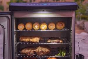 Meat probe on East Oak Electric smoker with glass door