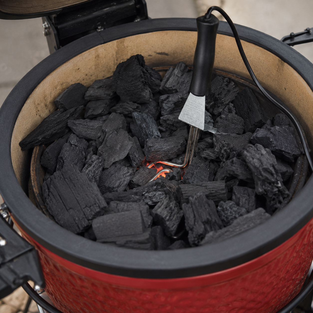 Stanbroil Electric Charcoal Starter lighting charcoal in Kamado Joe