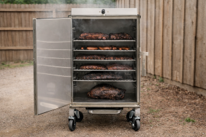 Smokin Tex the Pitmaster smoking meat with door open