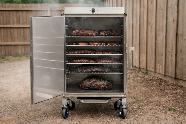 Smokin Tex the Pitmaster smoking meat with door open