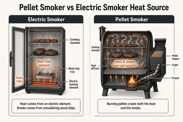 Diagram showing how heat and smoke move through an electric smoker vs pellet smoker