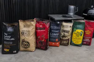 Bags of charcoal lined up and open for testing